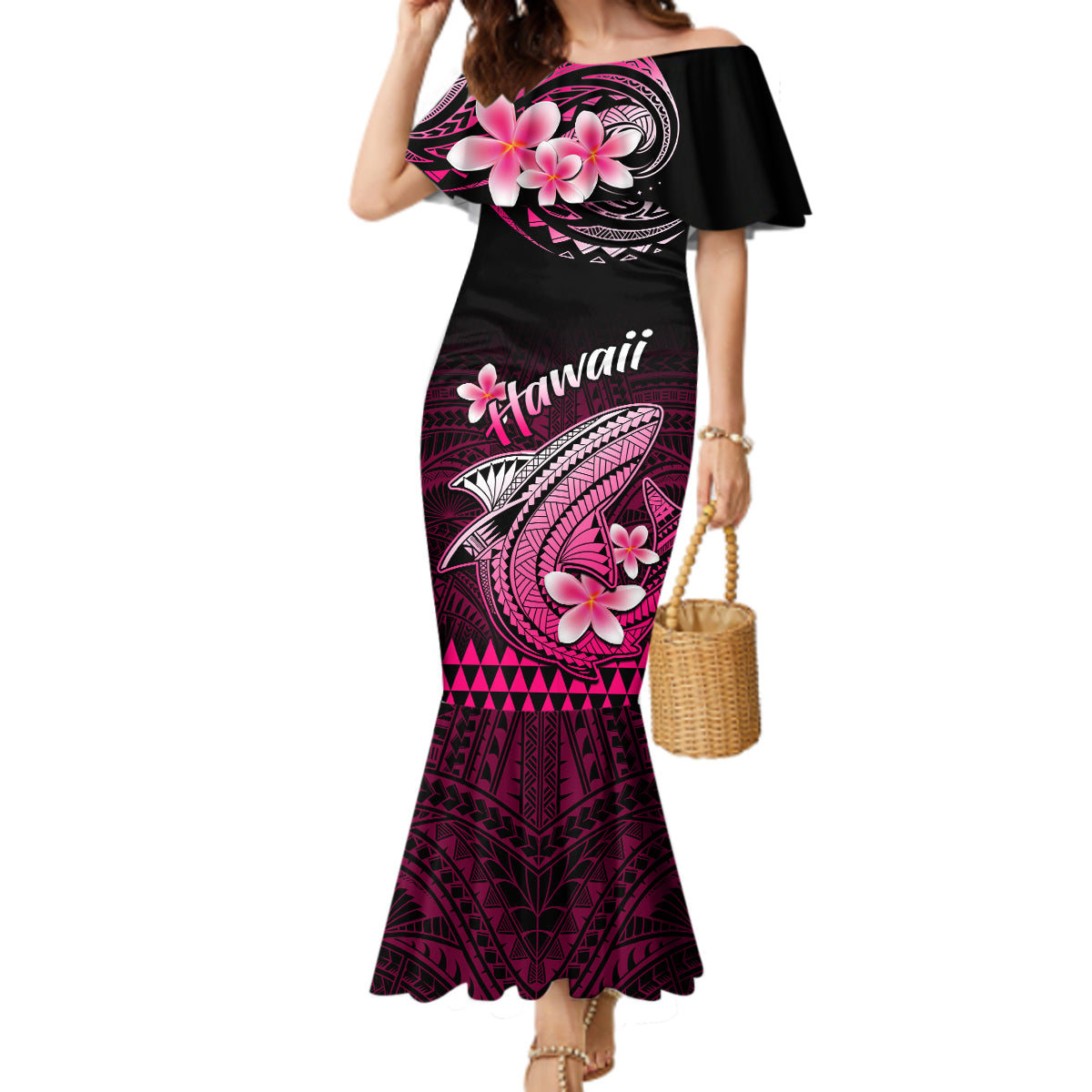 Hawaii Mermaid Dress Polynesian Shark with Kakau Pink Version - Wonder Print Shop