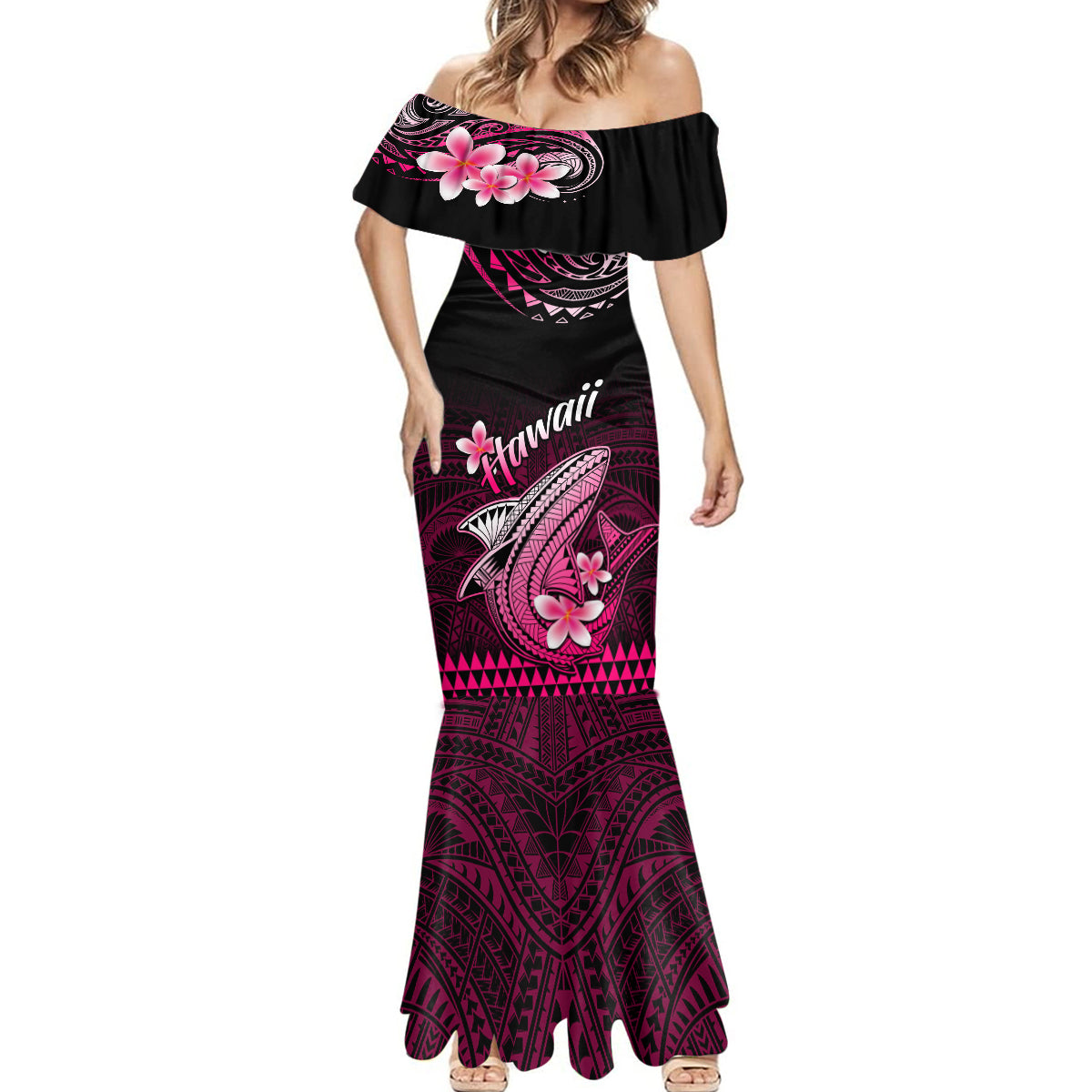 Hawaii Mermaid Dress Polynesian Shark with Kakau Pink Version - Wonder Print Shop