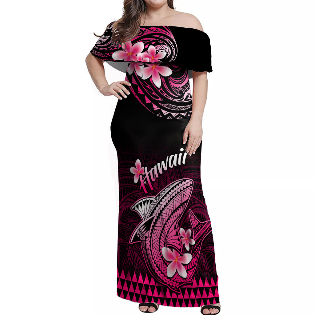 Hawaii Off Shoulder Maxi Dress Polynesian Shark with Kakau Pink Version - Wonder Print Shop