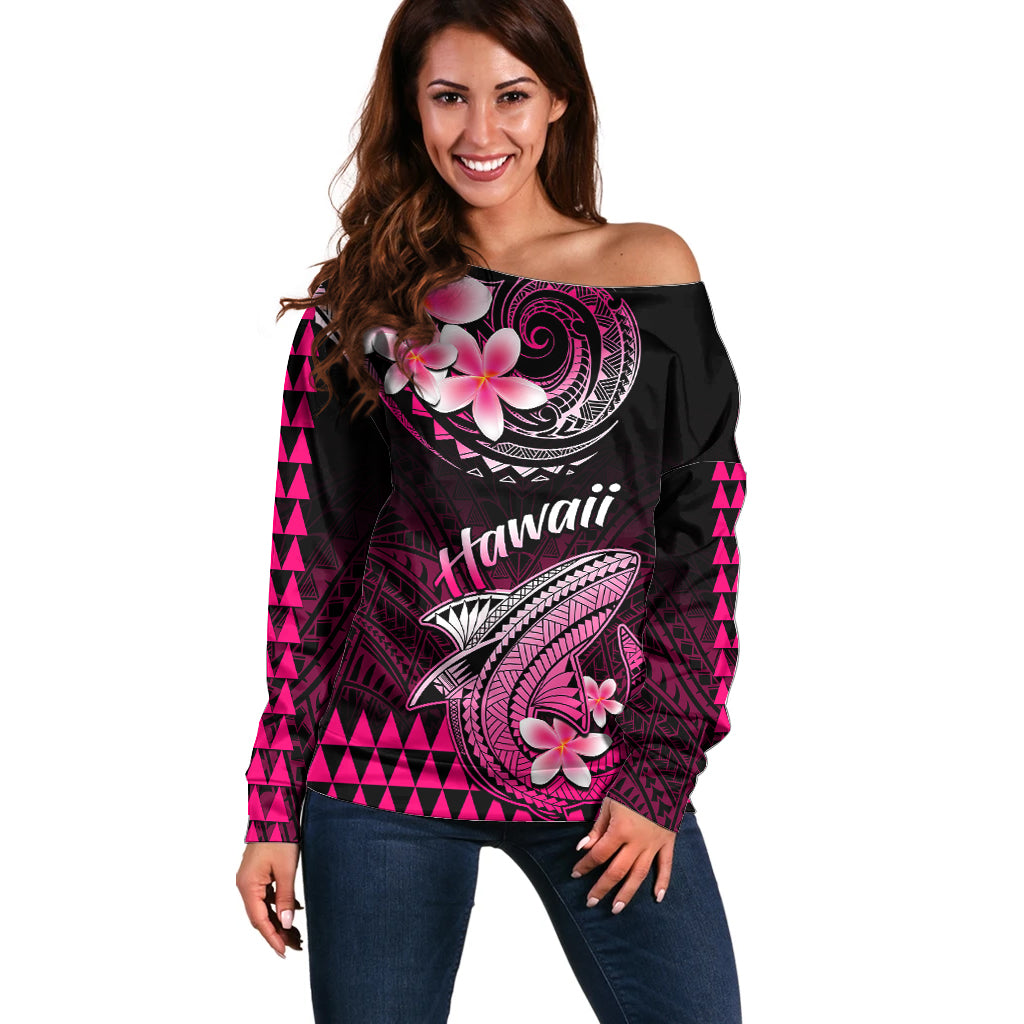 Hawaii Off Shoulder Sweater Polynesian Shark with Kakau Pink Version - Wonder Print Shop