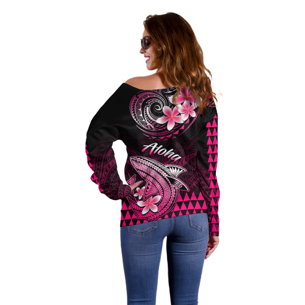 Hawaii Off Shoulder Sweater Polynesian Shark with Kakau Pink Version - Wonder Print Shop