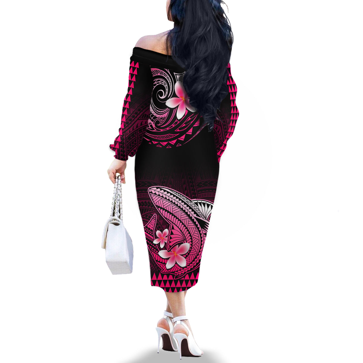 Hawaii Off The Shoulder Long Sleeve Dress Polynesian Shark with Kakau Pink Version - Wonder Print Shop