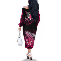 Hawaii Off The Shoulder Long Sleeve Dress Polynesian Shark with Kakau Pink Version - Wonder Print Shop