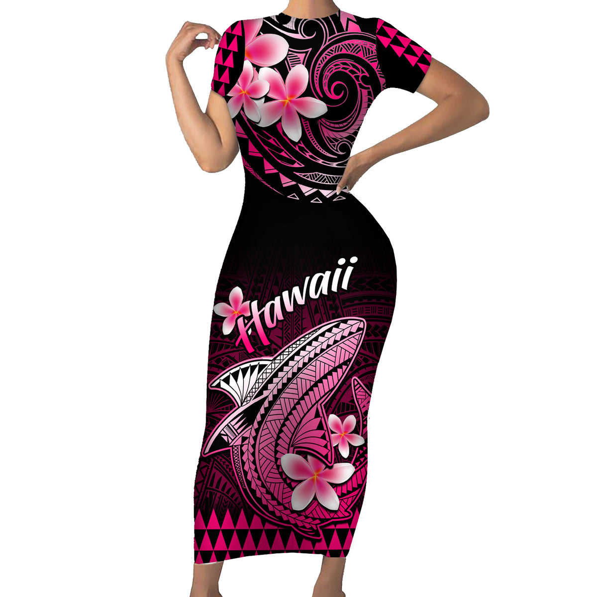 Hawaii Short Sleeve Bodycon Dress Polynesian Shark with Kakau Pink Version - Wonder Print Shop