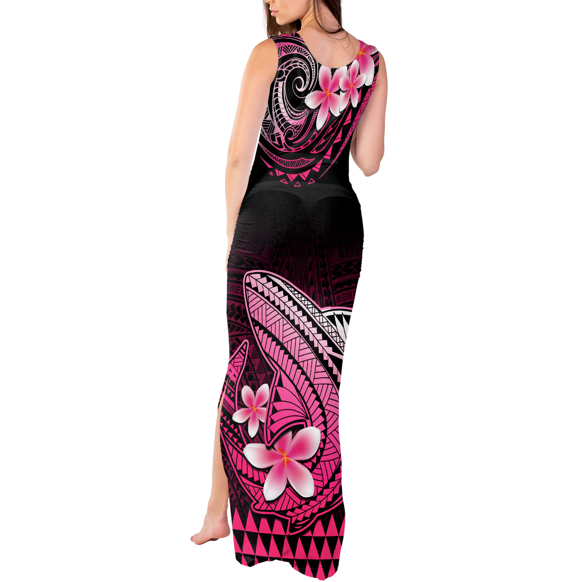 Hawaii Tank Maxi Dress Polynesian Shark with Kakau Pink Version - Wonder Print Shop
