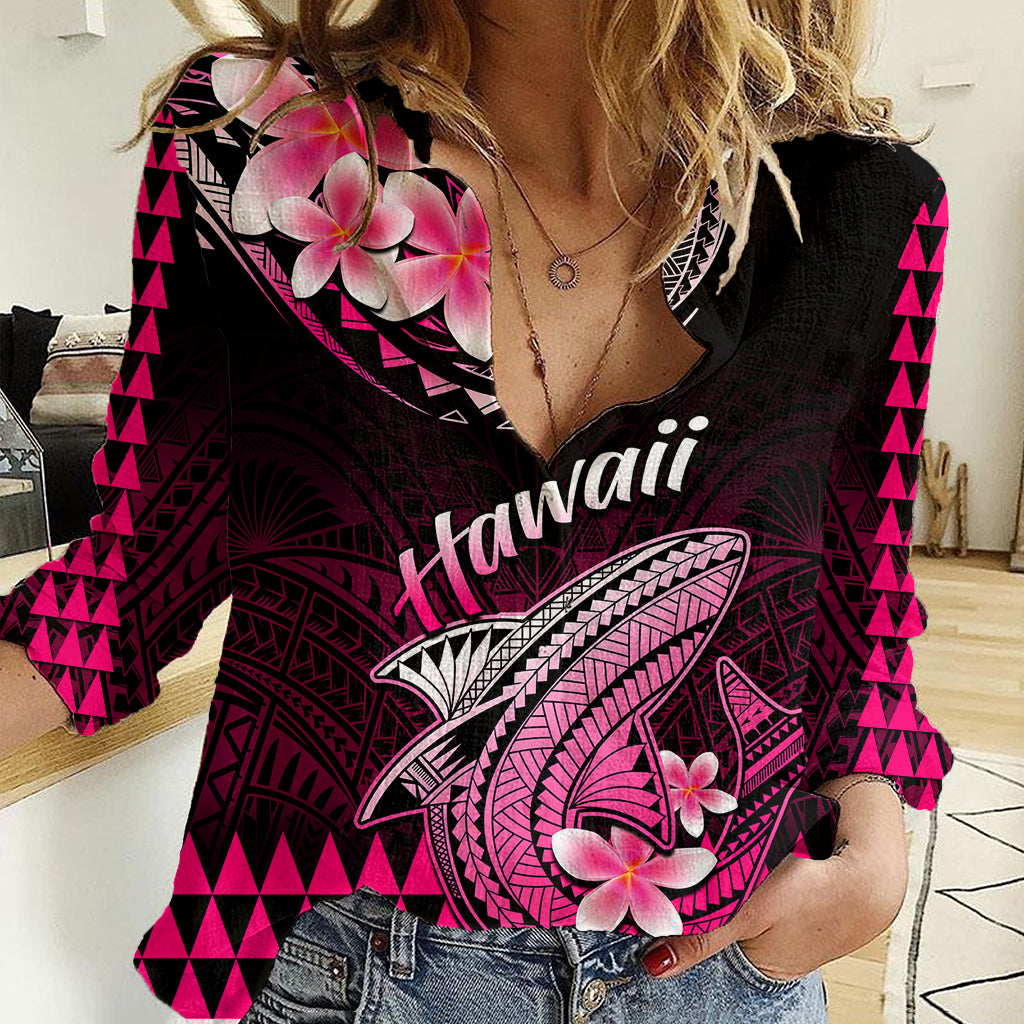 Hawaii Women Casual Shirt Polynesian Shark with Kakau Pink Version - Wonder Print Shop
