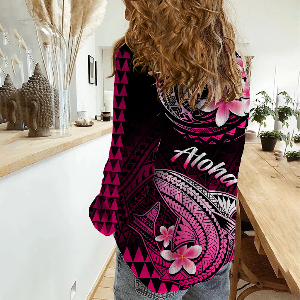 Hawaii Women Casual Shirt Polynesian Shark with Kakau Pink Version - Wonder Print Shop