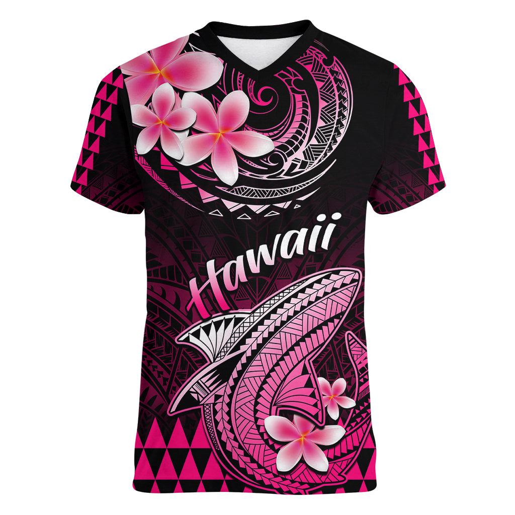 Hawaii Women V Neck T Shirt Polynesian Shark with Kakau Pink Version - Wonder Print Shop