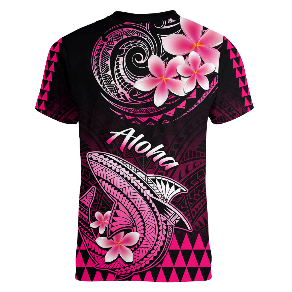 Hawaii Women V Neck T Shirt Polynesian Shark with Kakau Pink Version - Wonder Print Shop