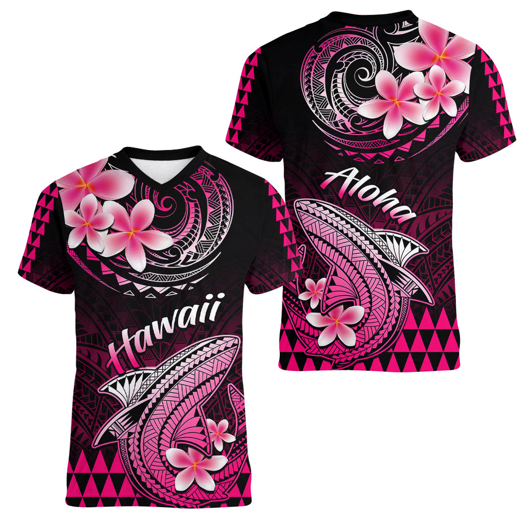 Hawaii Women V Neck T Shirt Polynesian Shark with Kakau Pink Version - Wonder Print Shop