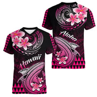 Hawaii Women V Neck T Shirt Polynesian Shark with Kakau Pink Version - Wonder Print Shop