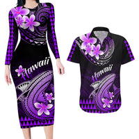 Hawaii Couples Matching Long Sleeve Bodycon Dress and Hawaiian Shirt Polynesian Shark with Kakau Purple Version - Wonder Print Shop