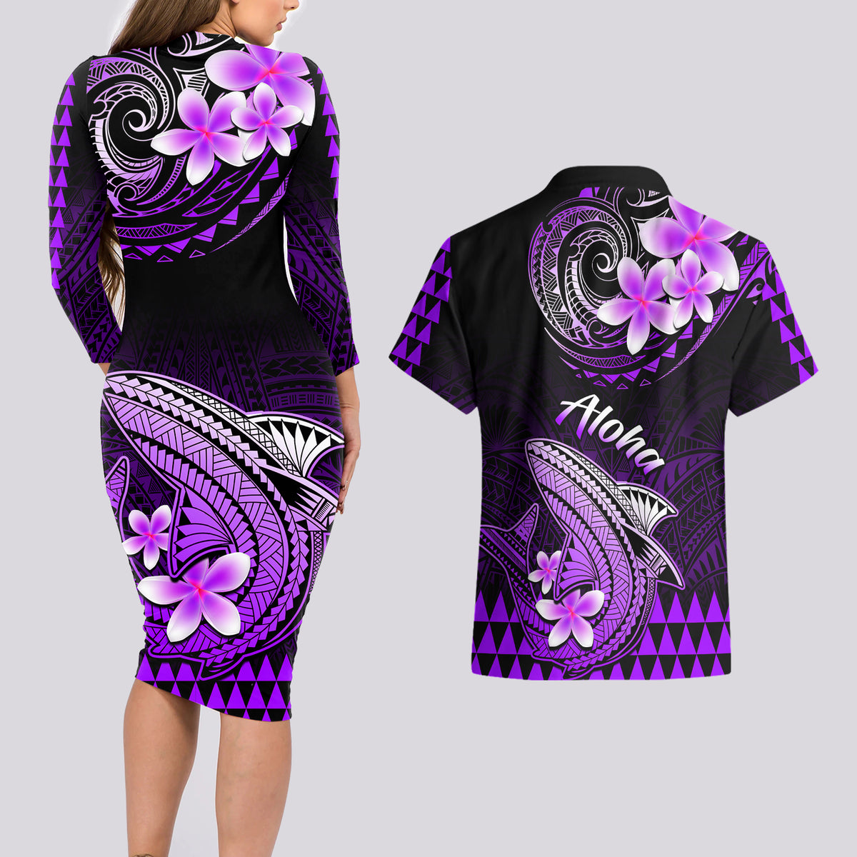 Hawaii Couples Matching Long Sleeve Bodycon Dress and Hawaiian Shirt Polynesian Shark with Kakau Purple Version - Wonder Print Shop