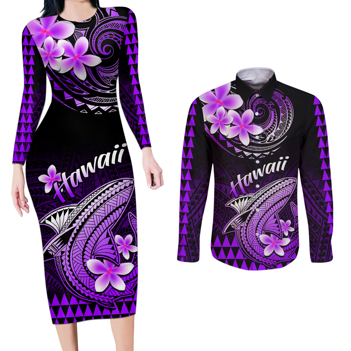 Hawaii Couples Matching Long Sleeve Bodycon Dress and Long Sleeve Button Shirts Polynesian Shark with Kakau Purple Version - Wonder Print Shop