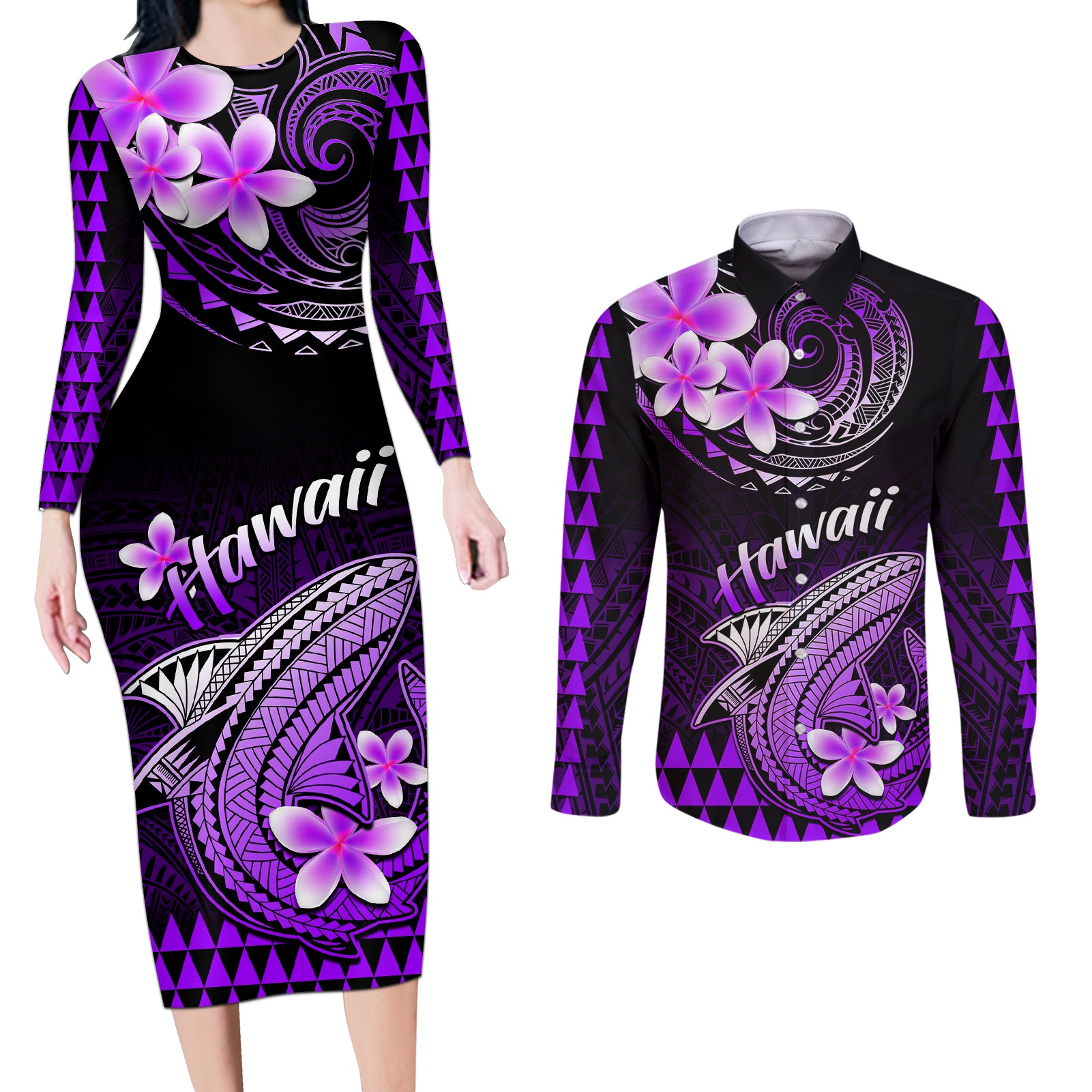 Hawaii Couples Matching Long Sleeve Bodycon Dress and Long Sleeve Button Shirts Polynesian Shark with Kakau Purple Version - Wonder Print Shop
