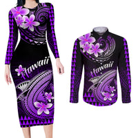 Hawaii Couples Matching Long Sleeve Bodycon Dress and Long Sleeve Button Shirts Polynesian Shark with Kakau Purple Version - Wonder Print Shop