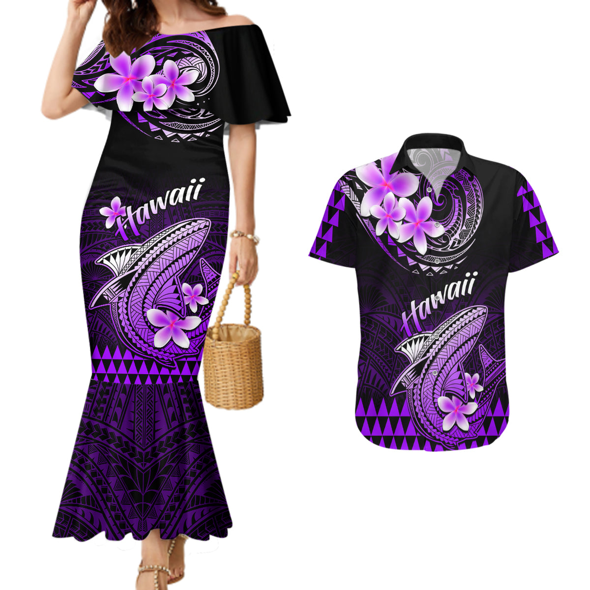 Hawaii Couples Matching Mermaid Dress and Hawaiian Shirt Polynesian Shark with Kakau Purple Version - Wonder Print Shop