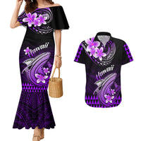 Hawaii Couples Matching Mermaid Dress and Hawaiian Shirt Polynesian Shark with Kakau Purple Version - Wonder Print Shop