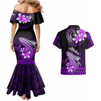 Hawaii Couples Matching Mermaid Dress and Hawaiian Shirt Polynesian Shark with Kakau Purple Version - Wonder Print Shop