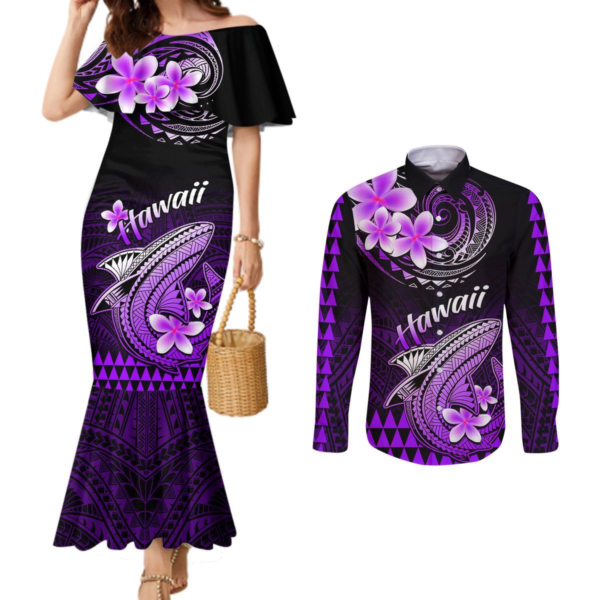 hawaii-couples-matching-mermaid-dress-and-long-sleeve-button-shirts-polynesian-shark-with-kakau-purple-version