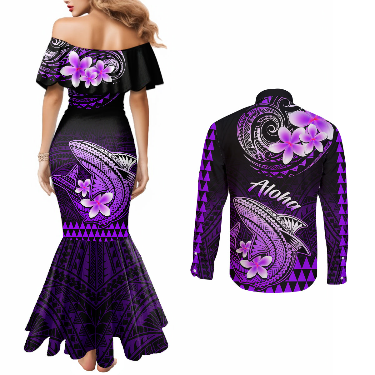 hawaii-couples-matching-mermaid-dress-and-long-sleeve-button-shirts-polynesian-shark-with-kakau-purple-version