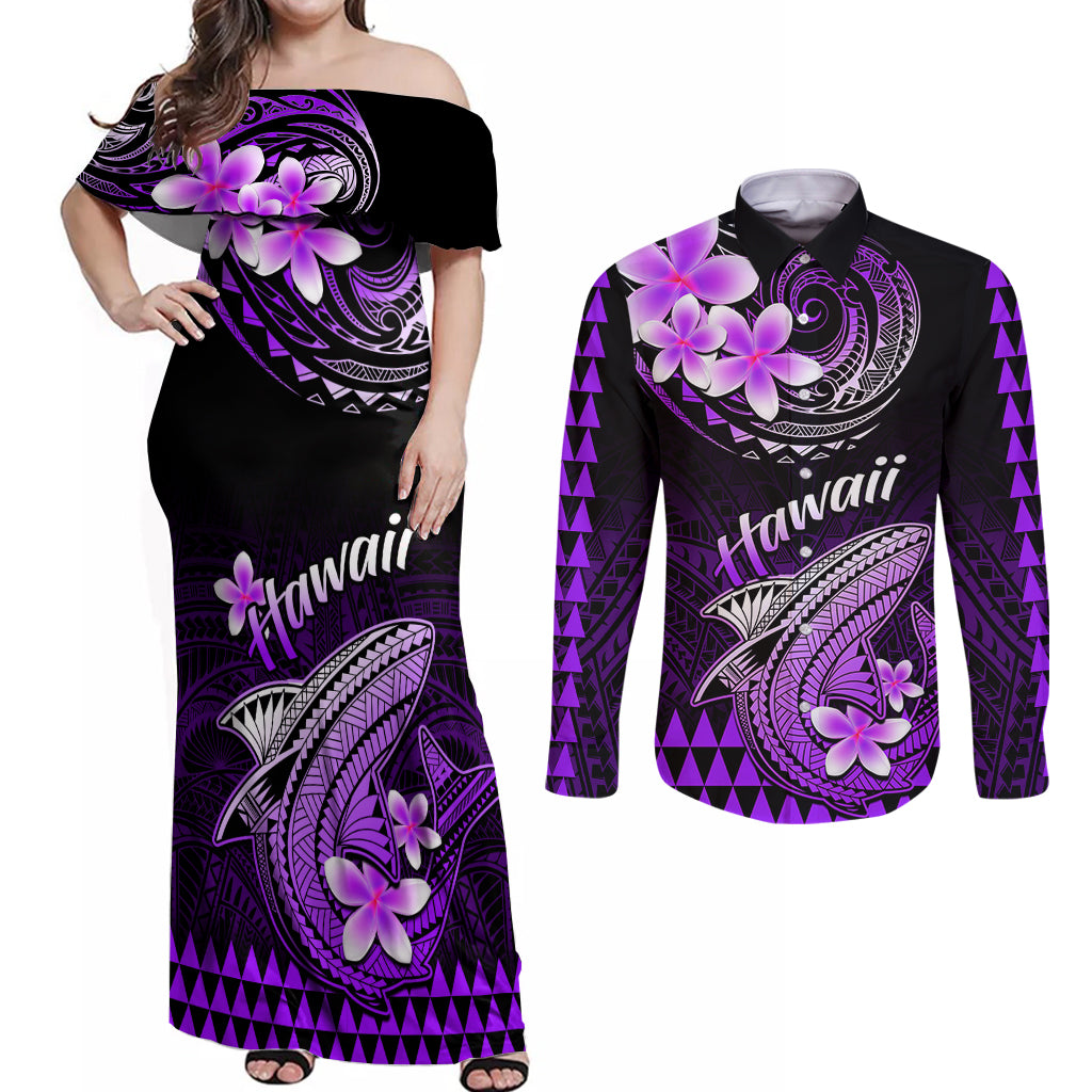 Hawaii Couples Matching Off Shoulder Maxi Dress and Long Sleeve Button Shirts Polynesian Shark with Kakau Purple Version - Wonder Print Shop