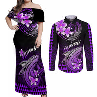 Hawaii Couples Matching Off Shoulder Maxi Dress and Long Sleeve Button Shirts Polynesian Shark with Kakau Purple Version - Wonder Print Shop