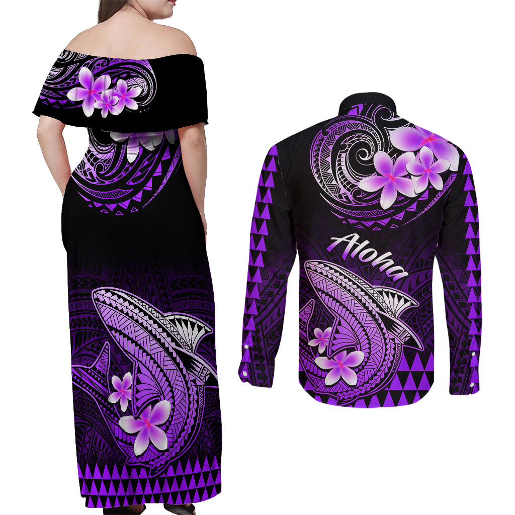 Hawaii Couples Matching Off Shoulder Maxi Dress and Long Sleeve Button Shirts Polynesian Shark with Kakau Purple Version - Wonder Print Shop