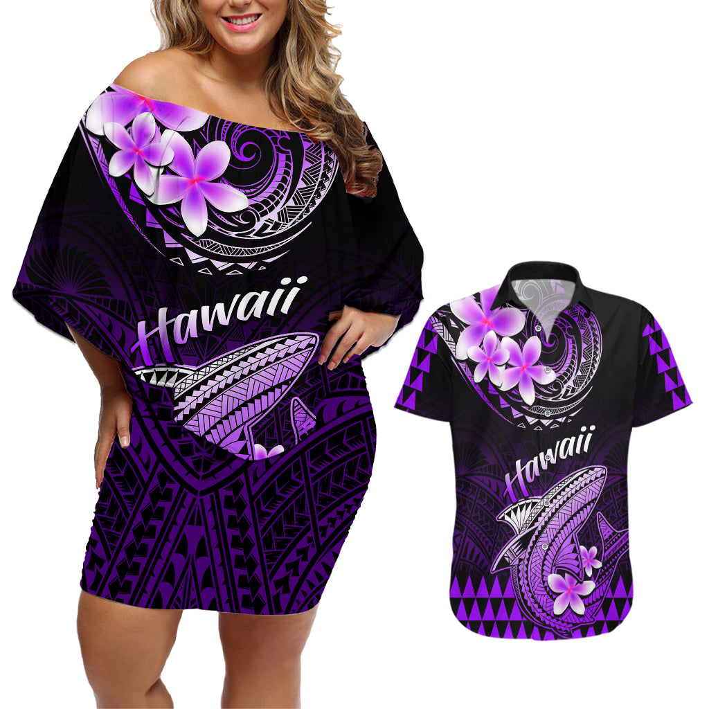 Hawaii Couples Matching Off Shoulder Short Dress and Hawaiian Shirt Polynesian Shark with Kakau Purple Version - Wonder Print Shop