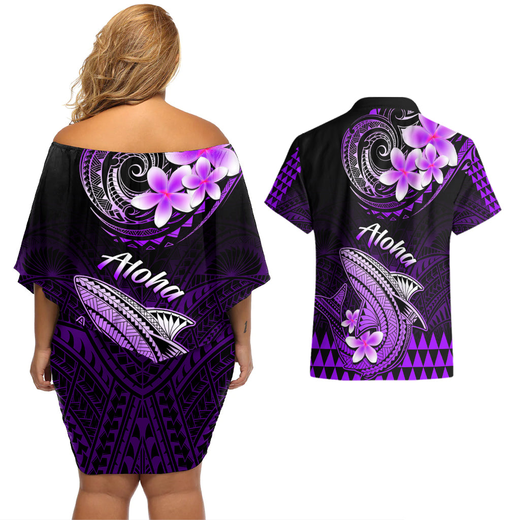 Hawaii Couples Matching Off Shoulder Short Dress and Hawaiian Shirt Polynesian Shark with Kakau Purple Version - Wonder Print Shop