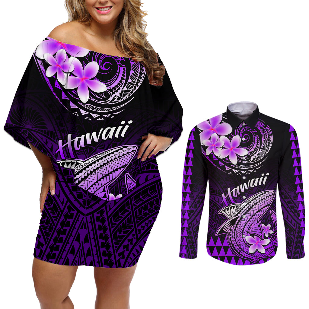 Hawaii Couples Matching Off Shoulder Short Dress and Long Sleeve Button Shirts Polynesian Shark with Kakau Purple Version - Wonder Print Shop