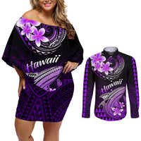 Hawaii Couples Matching Off Shoulder Short Dress and Long Sleeve Button Shirts Polynesian Shark with Kakau Purple Version - Wonder Print Shop