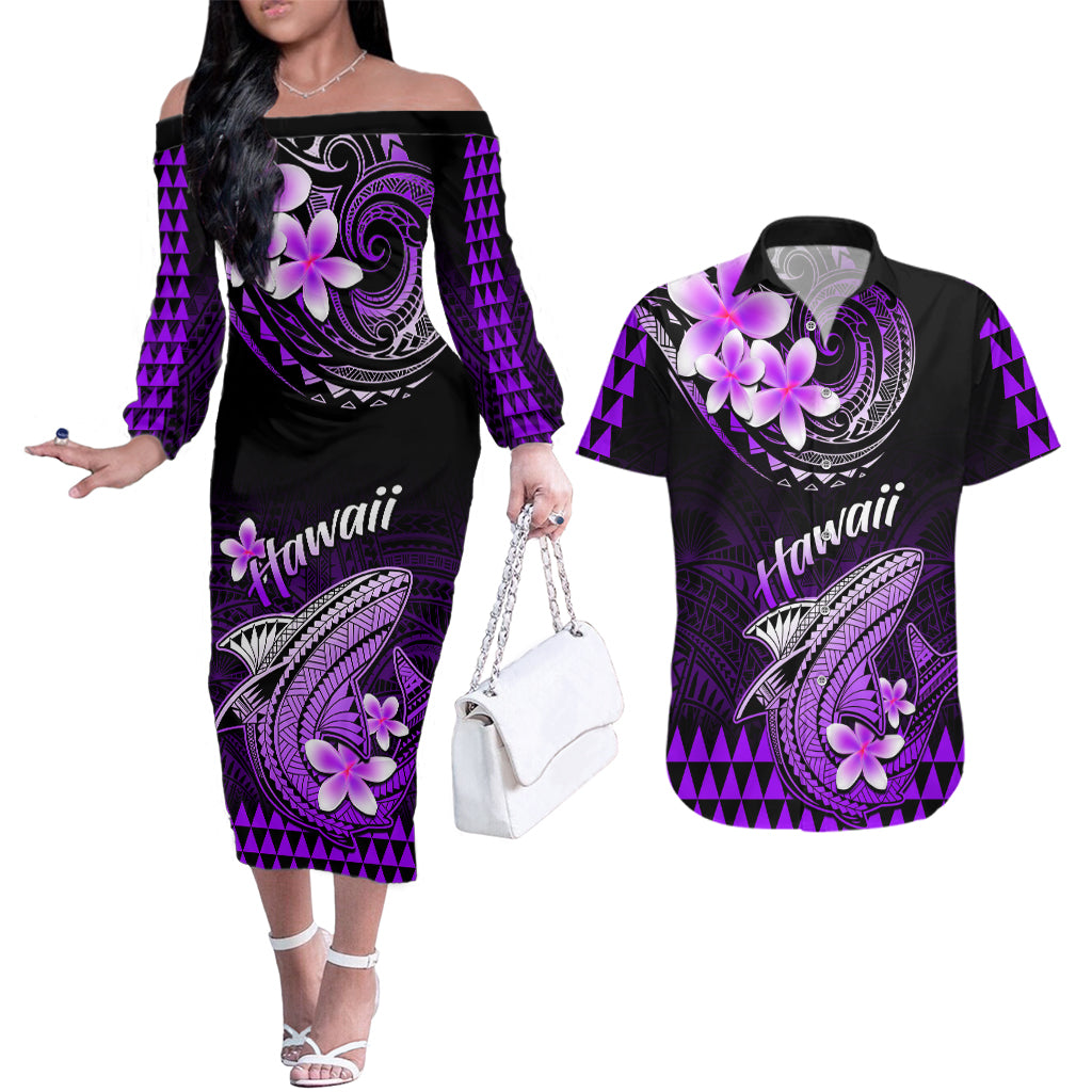 Hawaii Couples Matching Off The Shoulder Long Sleeve Dress and Hawaiian Shirt Polynesian Shark with Kakau Purple Version - Wonder Print Shop