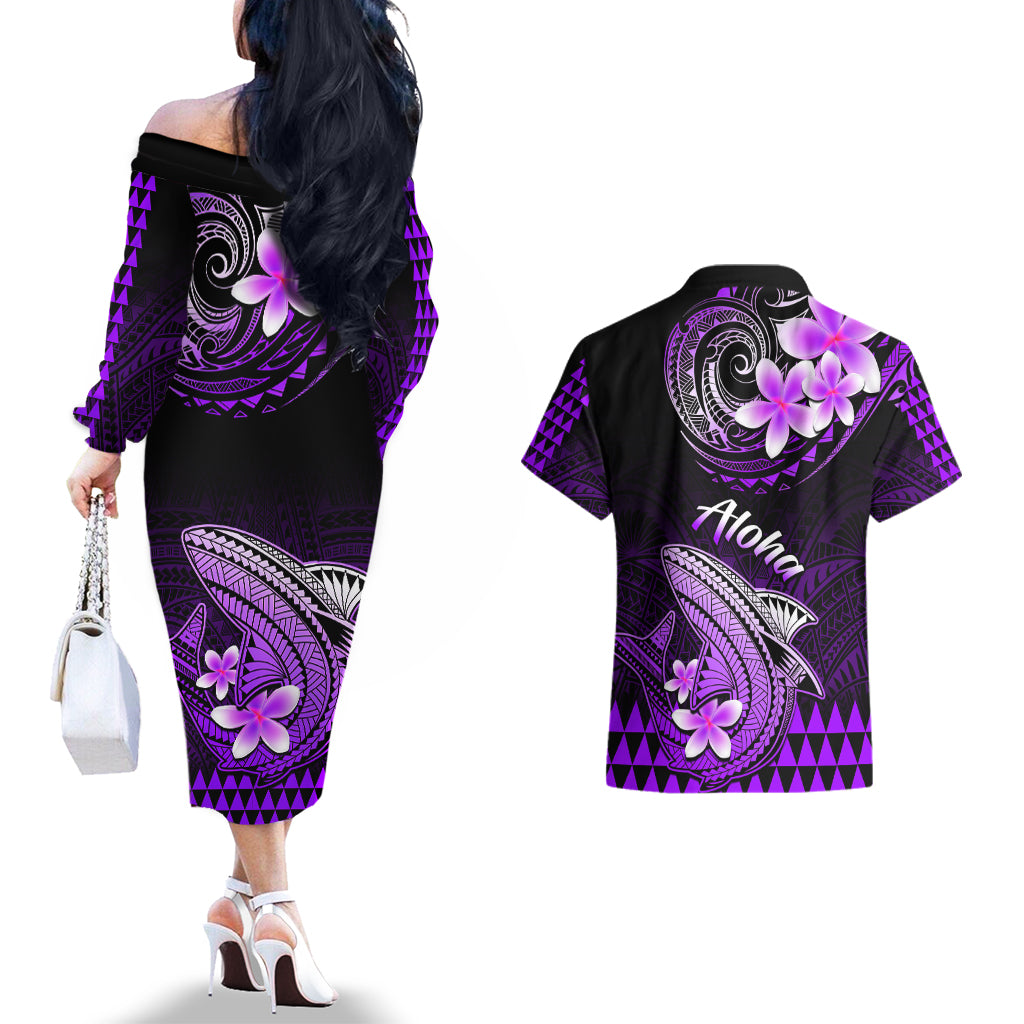 Hawaii Couples Matching Off The Shoulder Long Sleeve Dress and Hawaiian Shirt Polynesian Shark with Kakau Purple Version - Wonder Print Shop