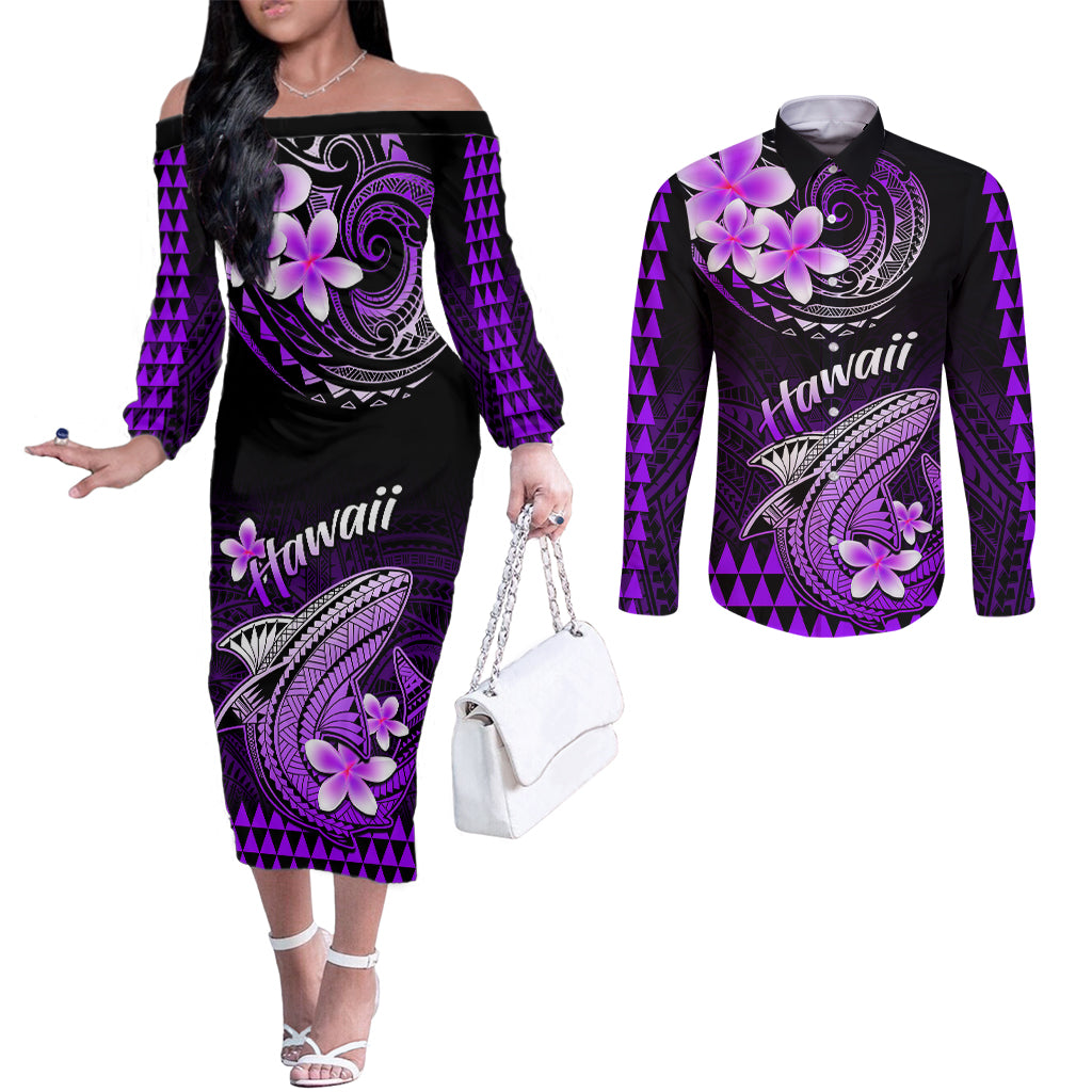 hawaii-couples-matching-off-the-shoulder-long-sleeve-dress-and-long-sleeve-button-shirts-polynesian-shark-with-kakau-purple-version