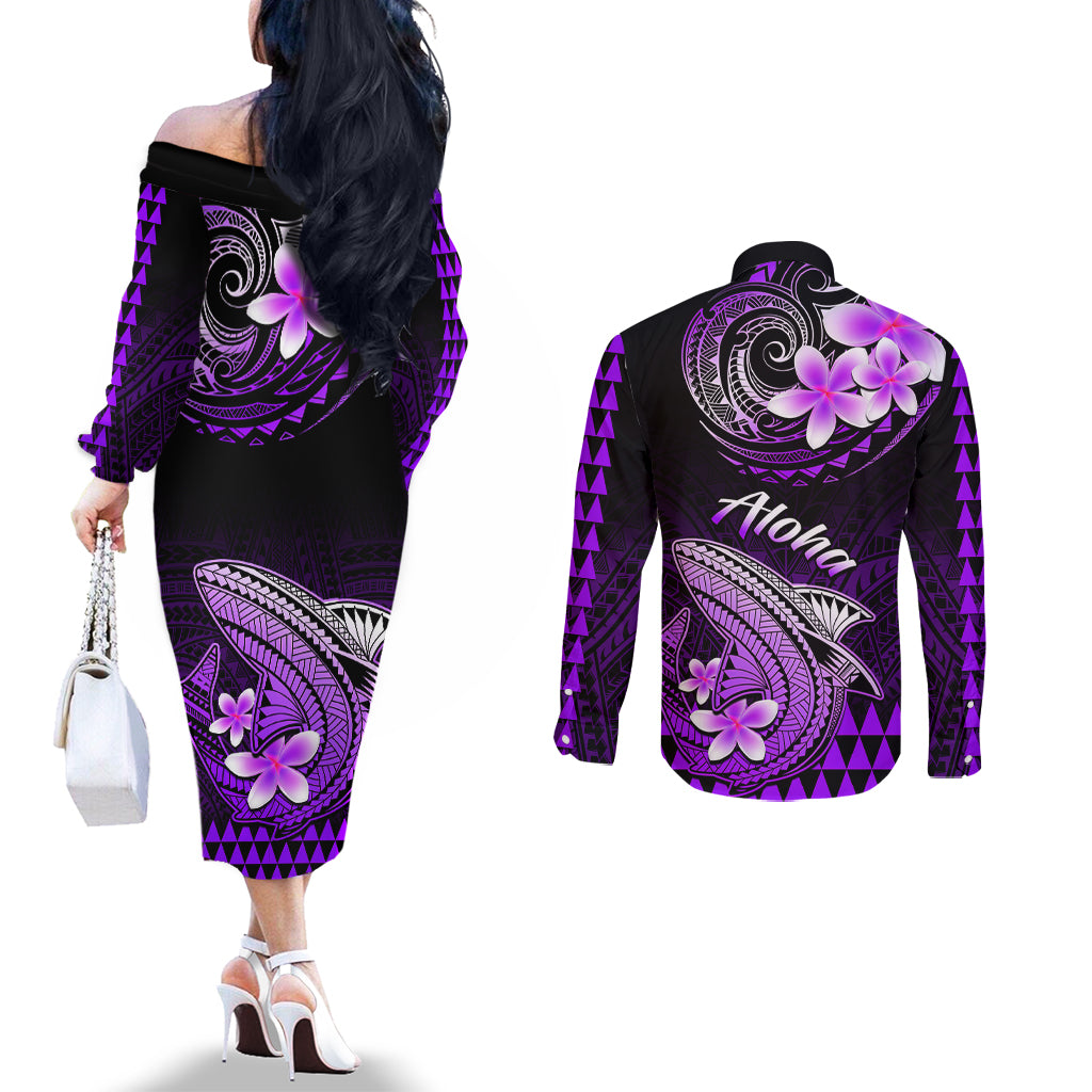 hawaii-couples-matching-off-the-shoulder-long-sleeve-dress-and-long-sleeve-button-shirts-polynesian-shark-with-kakau-purple-version