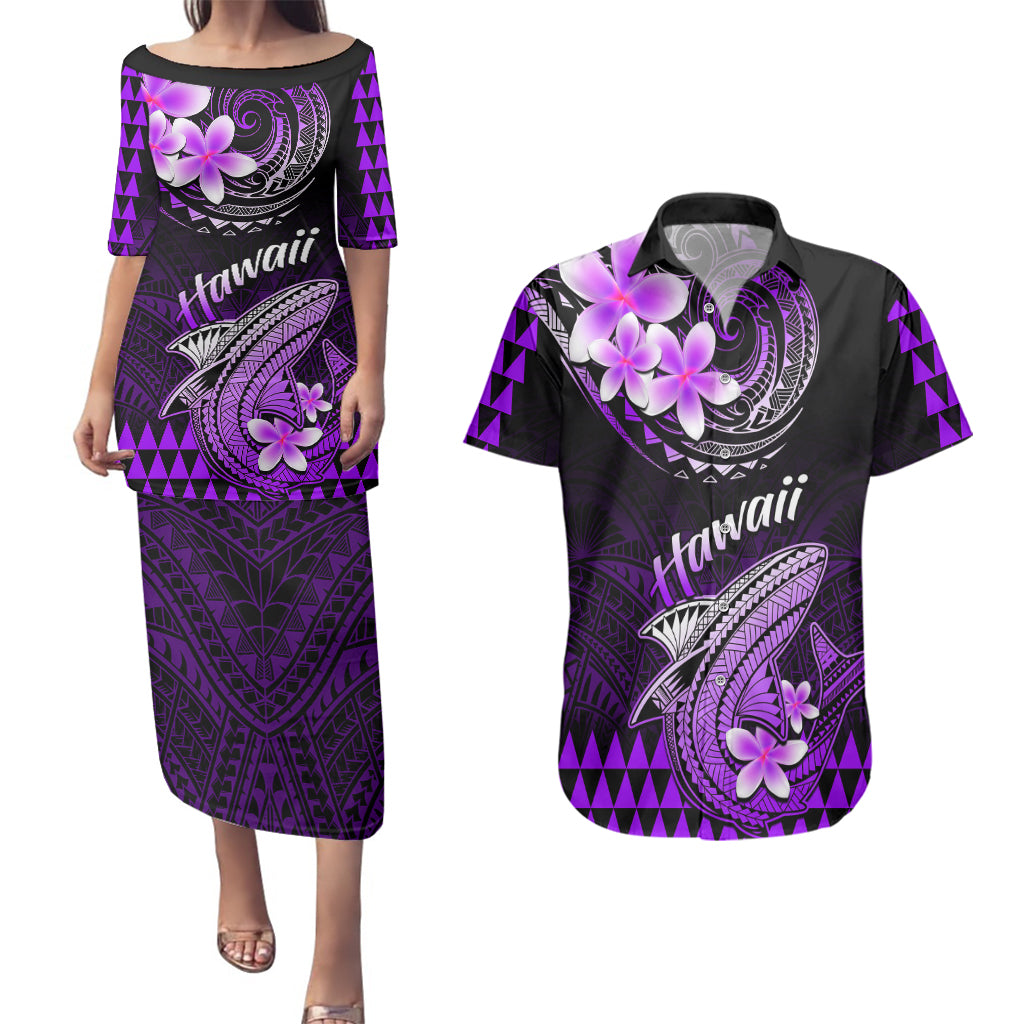 Hawaii Couples Matching Puletasi Dress and Hawaiian Shirt Polynesian Shark with Kakau Purple Version - Wonder Print Shop