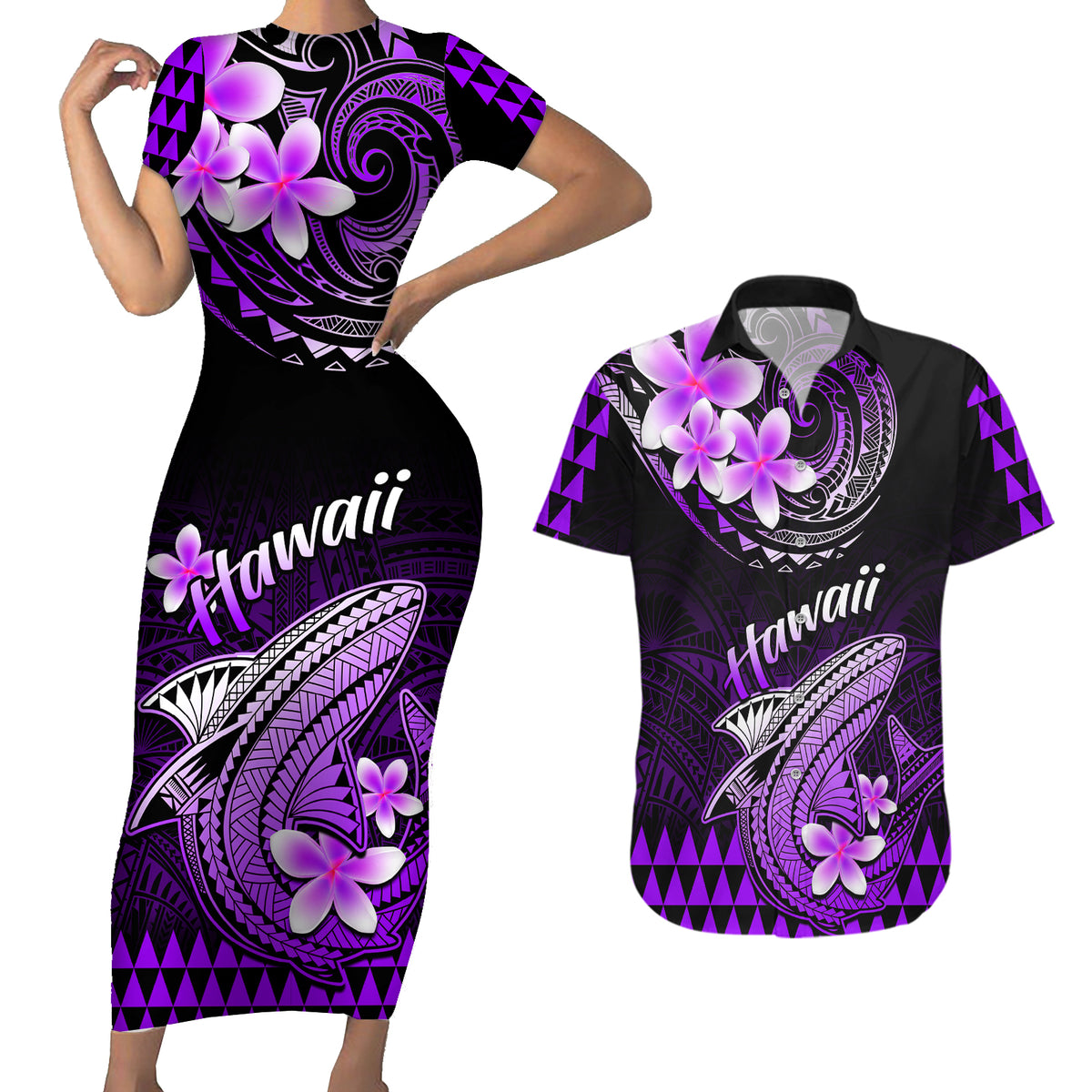 Hawaii Couples Matching Short Sleeve Bodycon Dress and Hawaiian Shirt Polynesian Shark with Kakau Purple Version - Wonder Print Shop