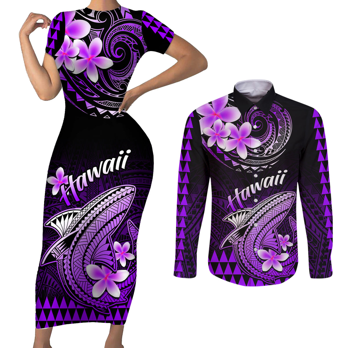 Hawaii Couples Matching Short Sleeve Bodycon Dress and Long Sleeve Button Shirts Polynesian Shark with Kakau Purple Version - Wonder Print Shop