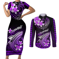 Hawaii Couples Matching Short Sleeve Bodycon Dress and Long Sleeve Button Shirts Polynesian Shark with Kakau Purple Version - Wonder Print Shop