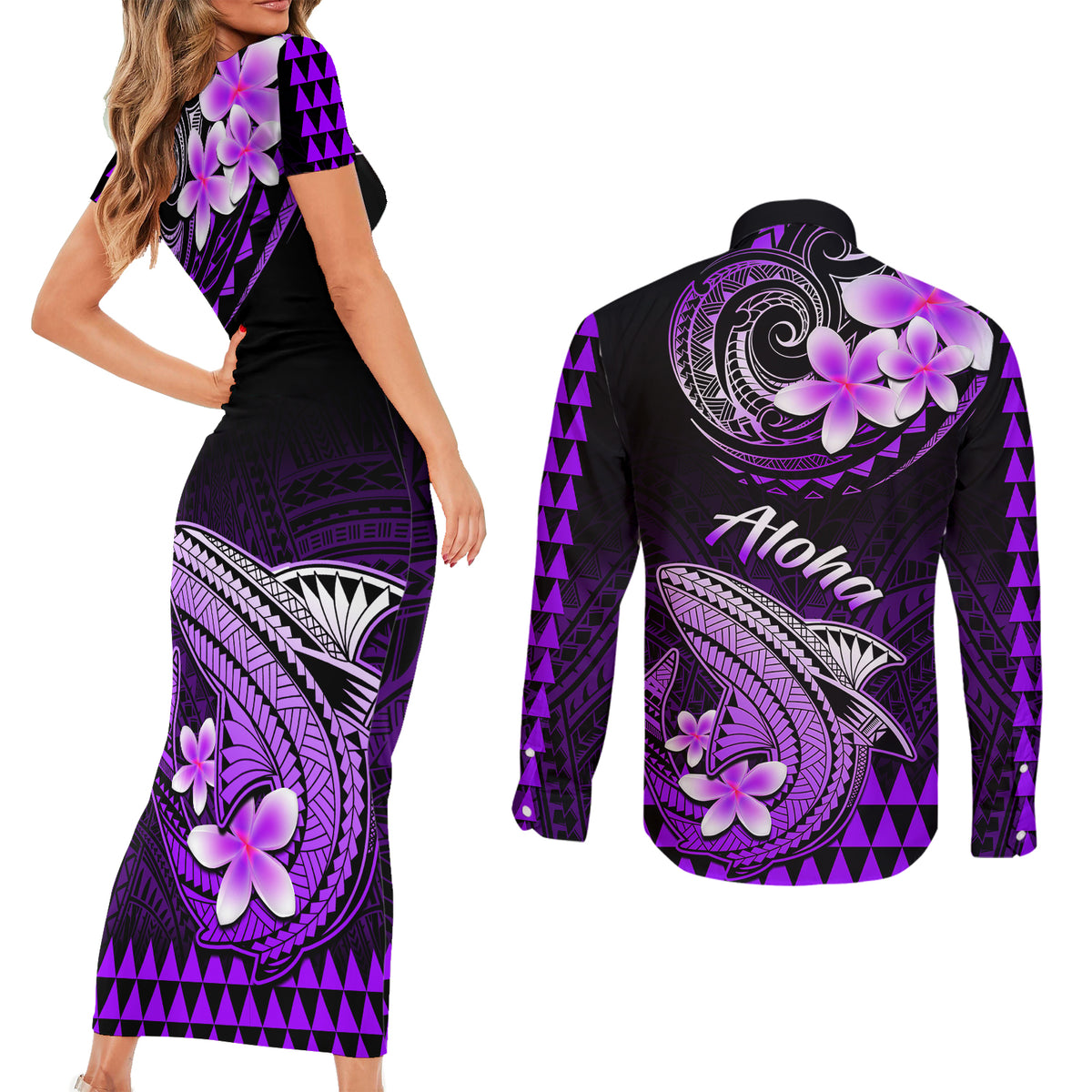 Hawaii Couples Matching Short Sleeve Bodycon Dress and Long Sleeve Button Shirts Polynesian Shark with Kakau Purple Version - Wonder Print Shop