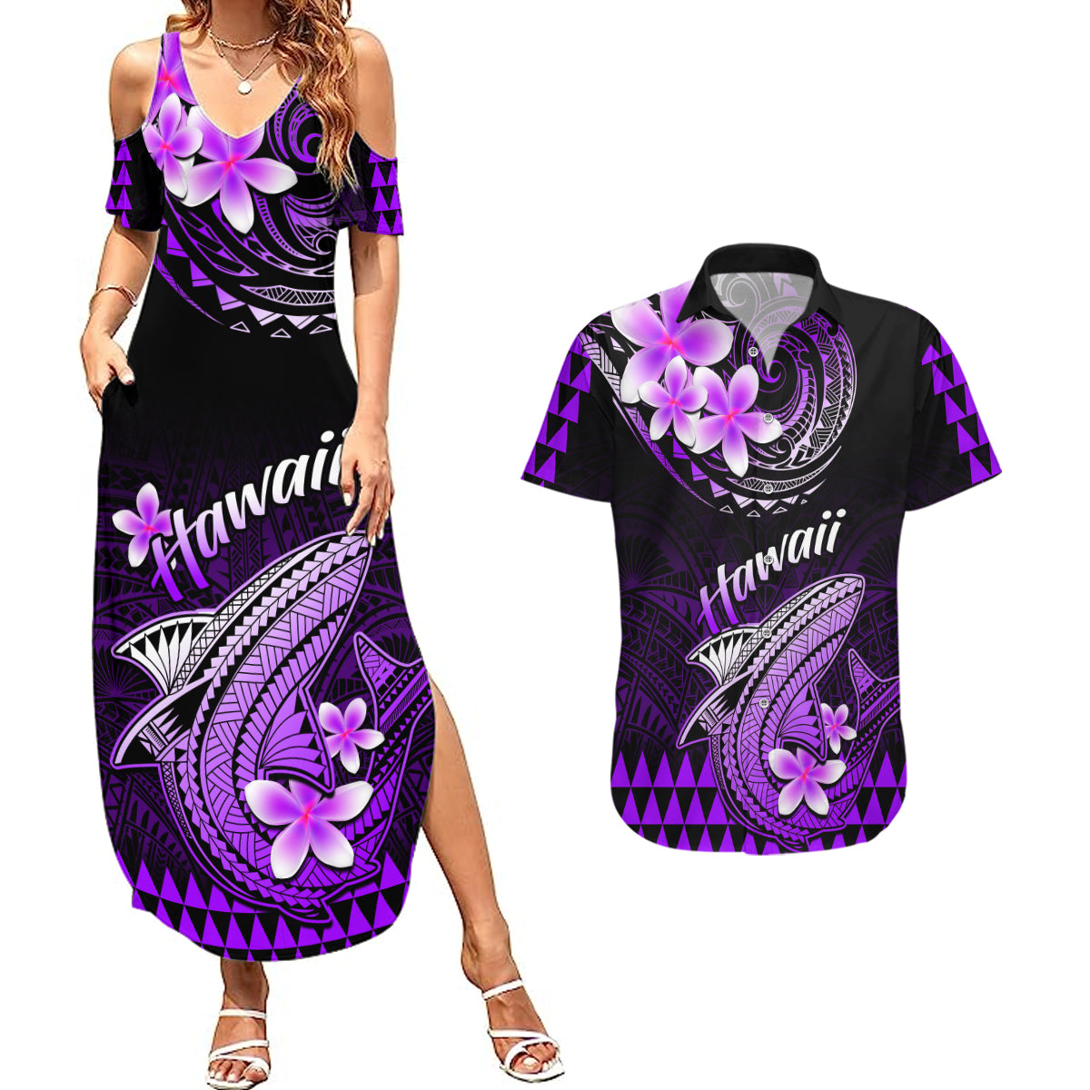 Hawaii Couples Matching Summer Maxi Dress and Hawaiian Shirt Polynesian Shark with Kakau Purple Version - Wonder Print Shop