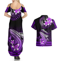 Hawaii Couples Matching Summer Maxi Dress and Hawaiian Shirt Polynesian Shark with Kakau Purple Version - Wonder Print Shop