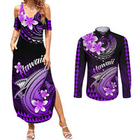 Hawaii Couples Matching Summer Maxi Dress and Long Sleeve Button Shirts Polynesian Shark with Kakau Purple Version - Wonder Print Shop