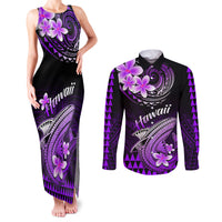 Hawaii Couples Matching Tank Maxi Dress and Long Sleeve Button Shirts Polynesian Shark with Kakau Purple Version - Wonder Print Shop