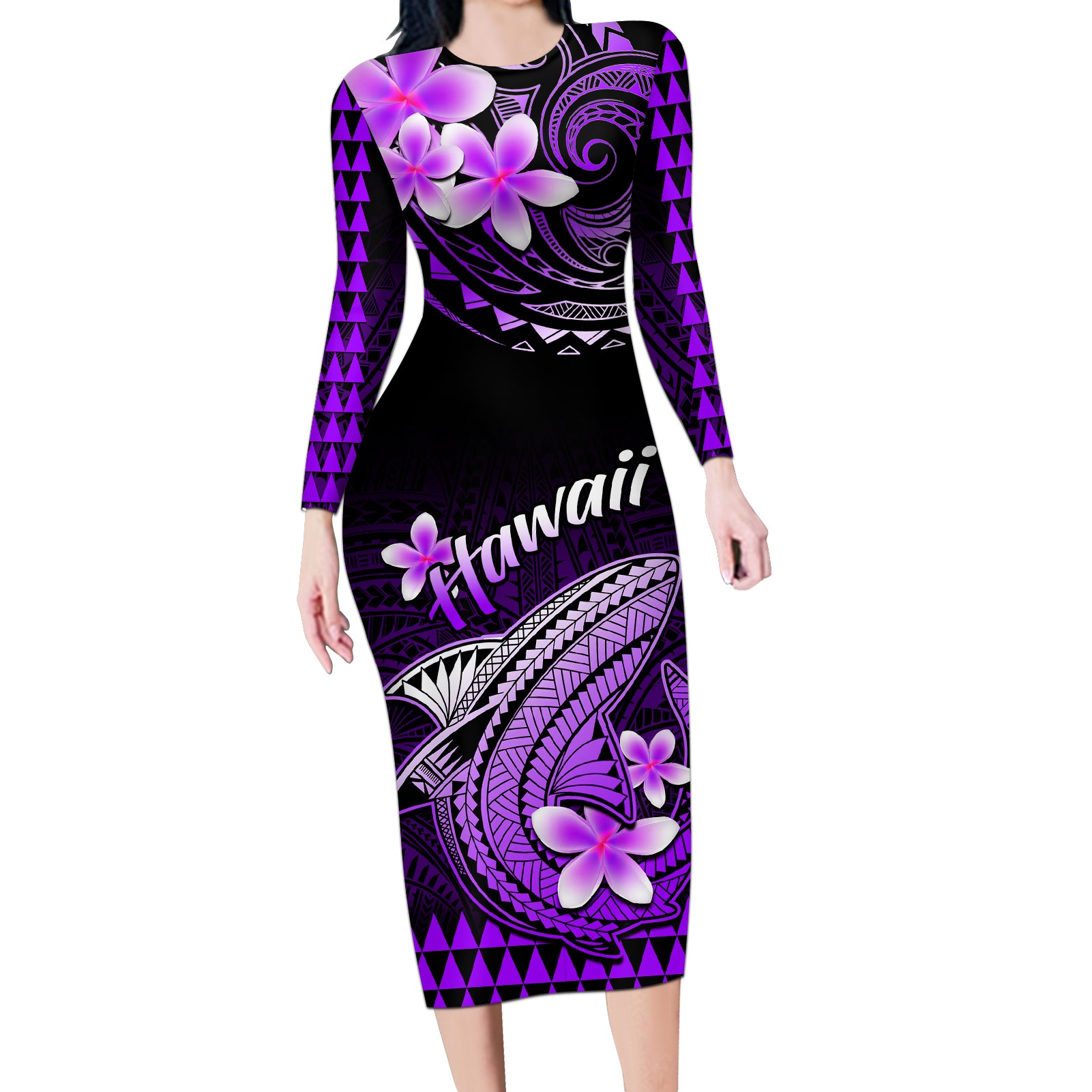 Hawaii Long Sleeve Bodycon Dress Polynesian Shark with Kakau Purple Version - Wonder Print Shop