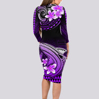 Hawaii Long Sleeve Bodycon Dress Polynesian Shark with Kakau Purple Version - Wonder Print Shop