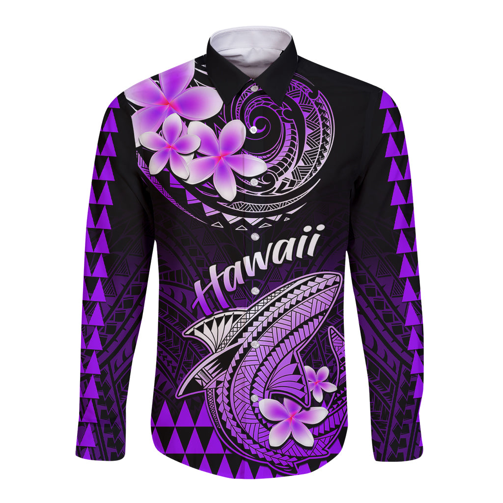 Hawaii Long Sleeve Button Shirt Polynesian Shark with Kakau Purple Version - Wonder Print Shop