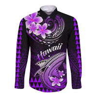 Hawaii Long Sleeve Button Shirt Polynesian Shark with Kakau Purple Version - Wonder Print Shop