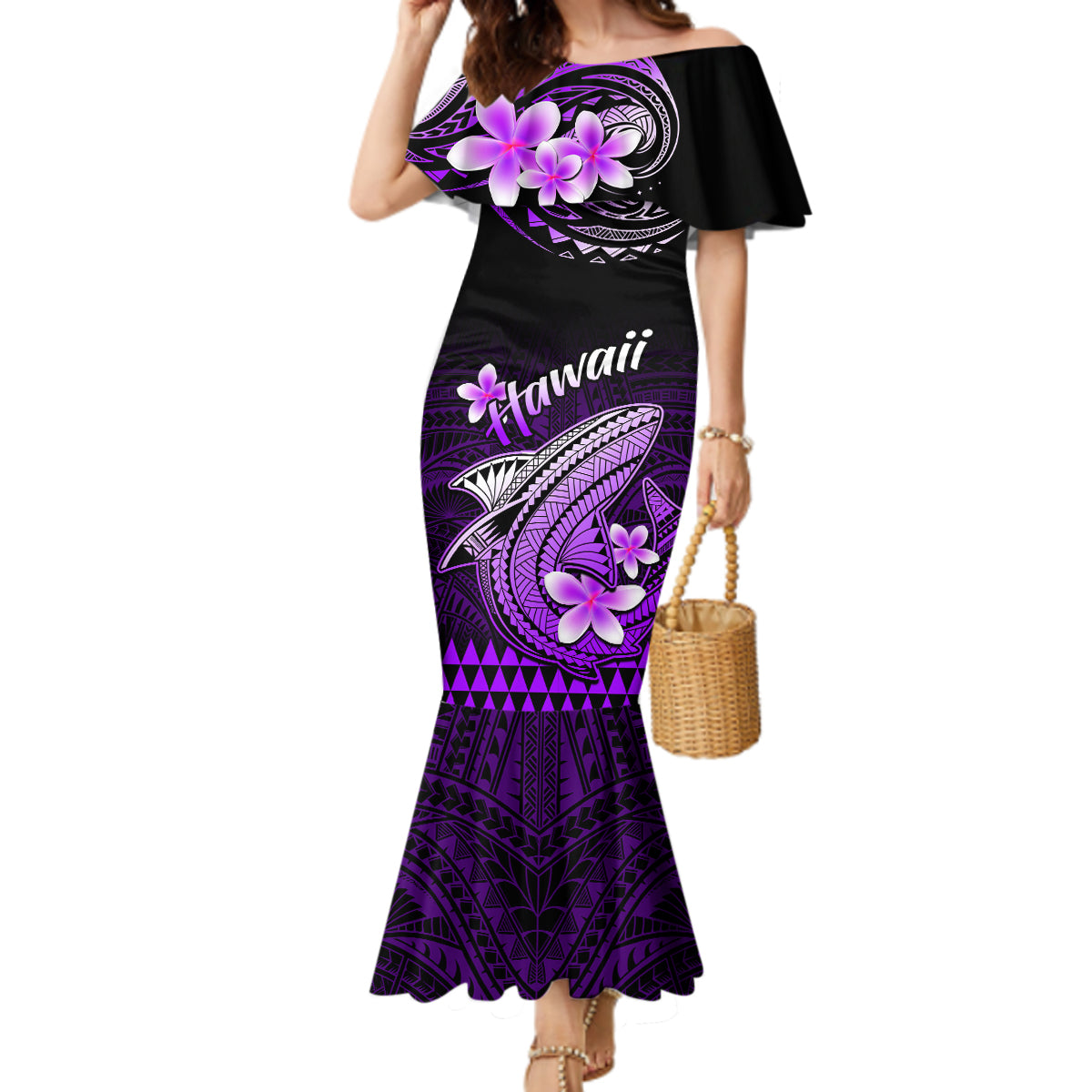 Hawaii Mermaid Dress Polynesian Shark with Kakau Purple Version - Wonder Print Shop